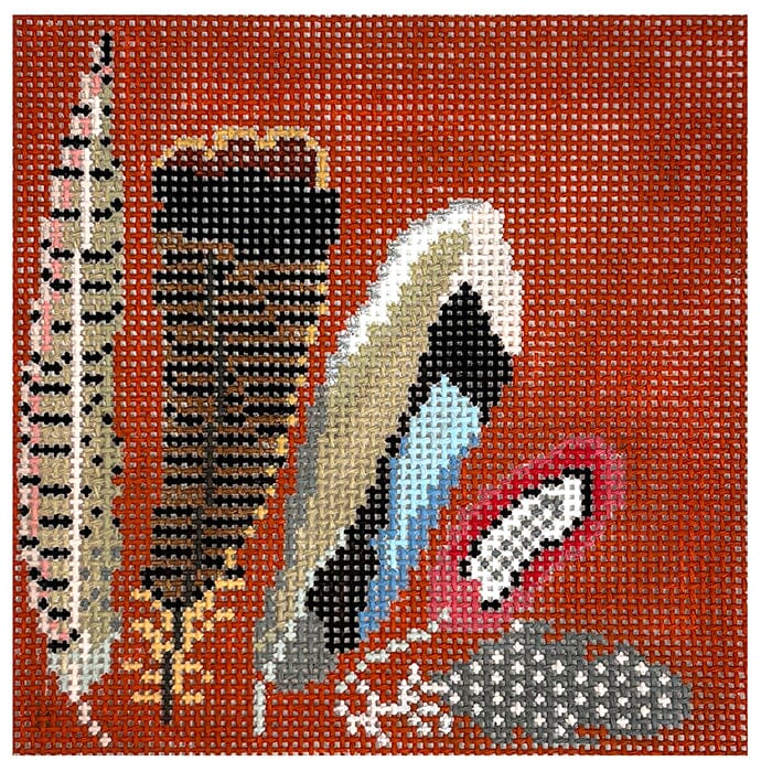 Game Bird Feather Coaster   Orange Painted Canvas The Gingham Stitchery  - 1