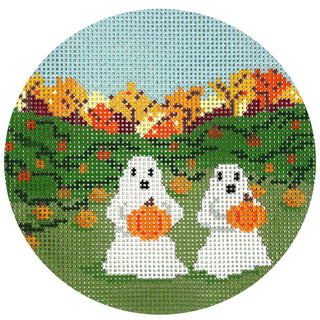 Ghosts Picking Pumpkins Round Painted Canvas The Gingham Stitchery 
