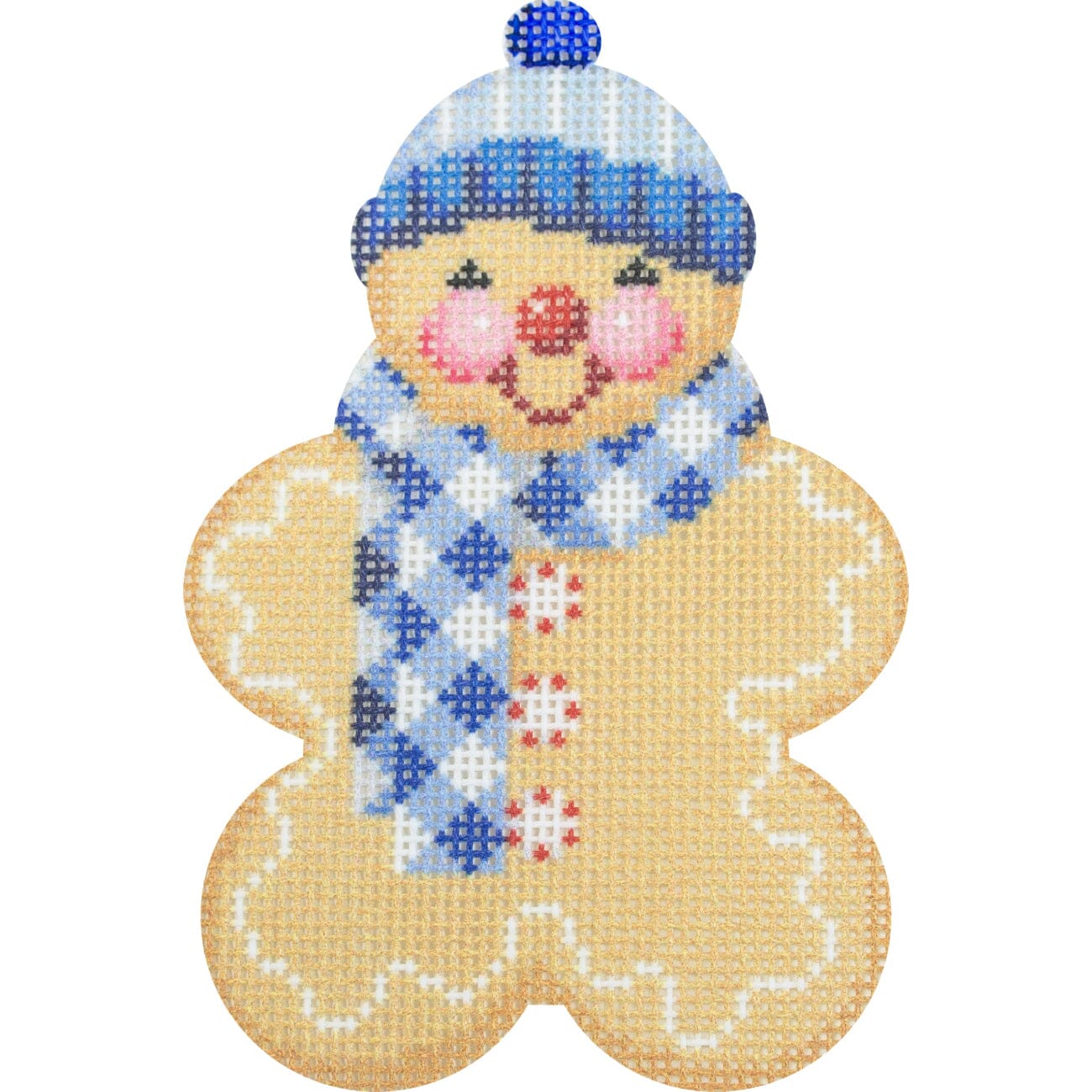 Gingerbread Friends   Blue Gingham Scarf Printed Canvas Two Sisters Needlepoint  - 2
