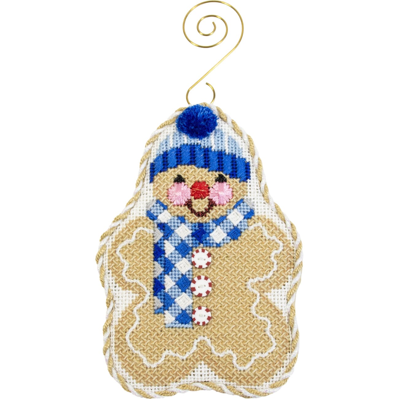 Gingerbread Friends   Blue Gingham Scarf Printed Canvas Two Sisters Needlepoint  - 1
