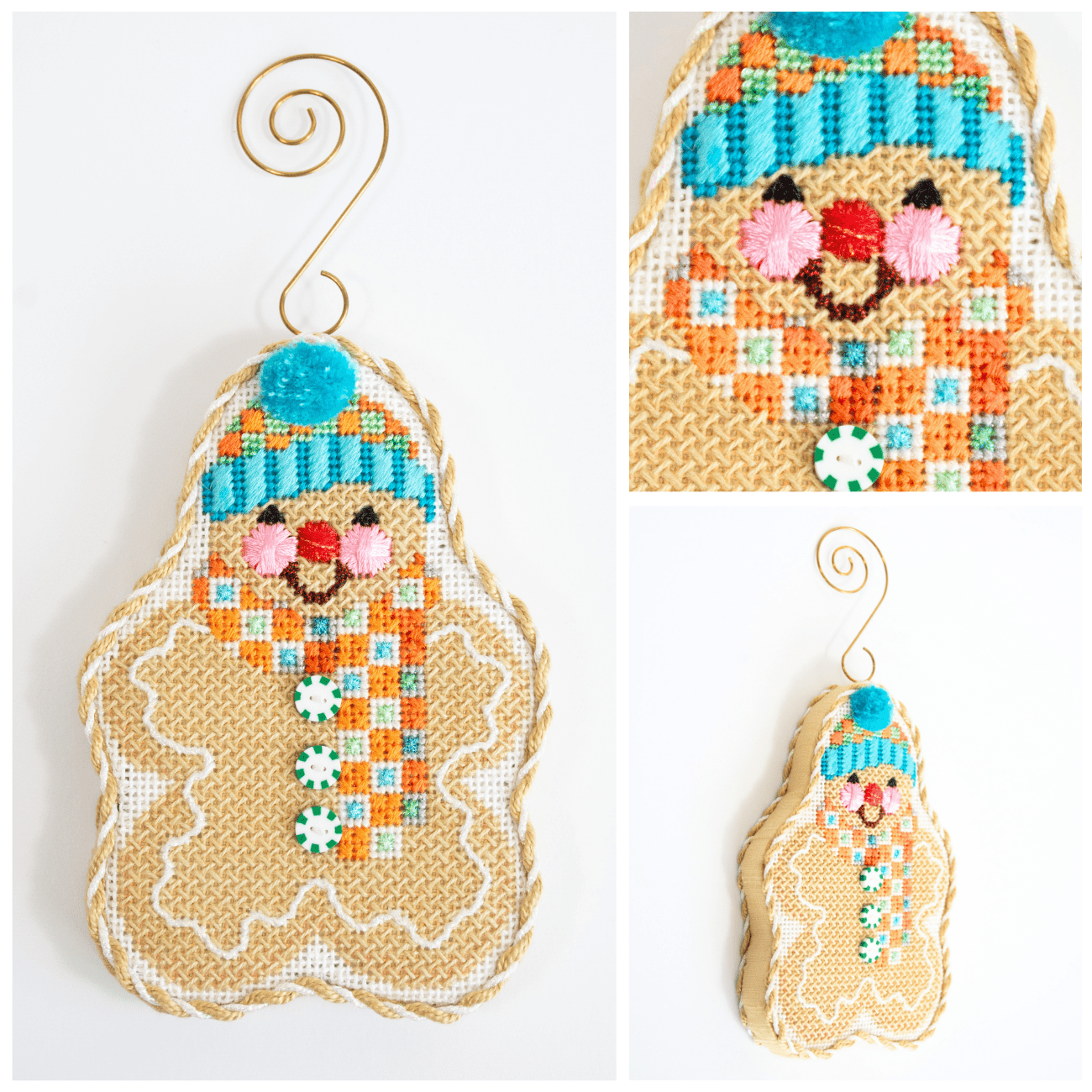 Gingerbread Friends   Orange & Aqua Check Scarf Printed Canvas Two Sisters Needlepoint  - 3