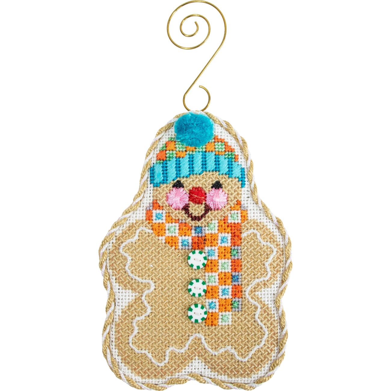 Gingerbread Friends   Orange & Aqua Check Scarf Printed Canvas Two Sisters Needlepoint  - 1