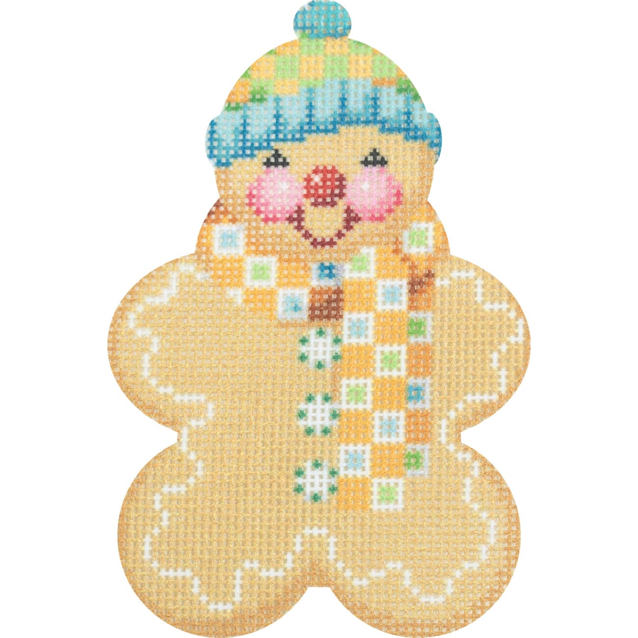 Gingerbread Friends   Orange & Aqua Check Scarf Printed Canvas Two Sisters Needlepoint  - 2