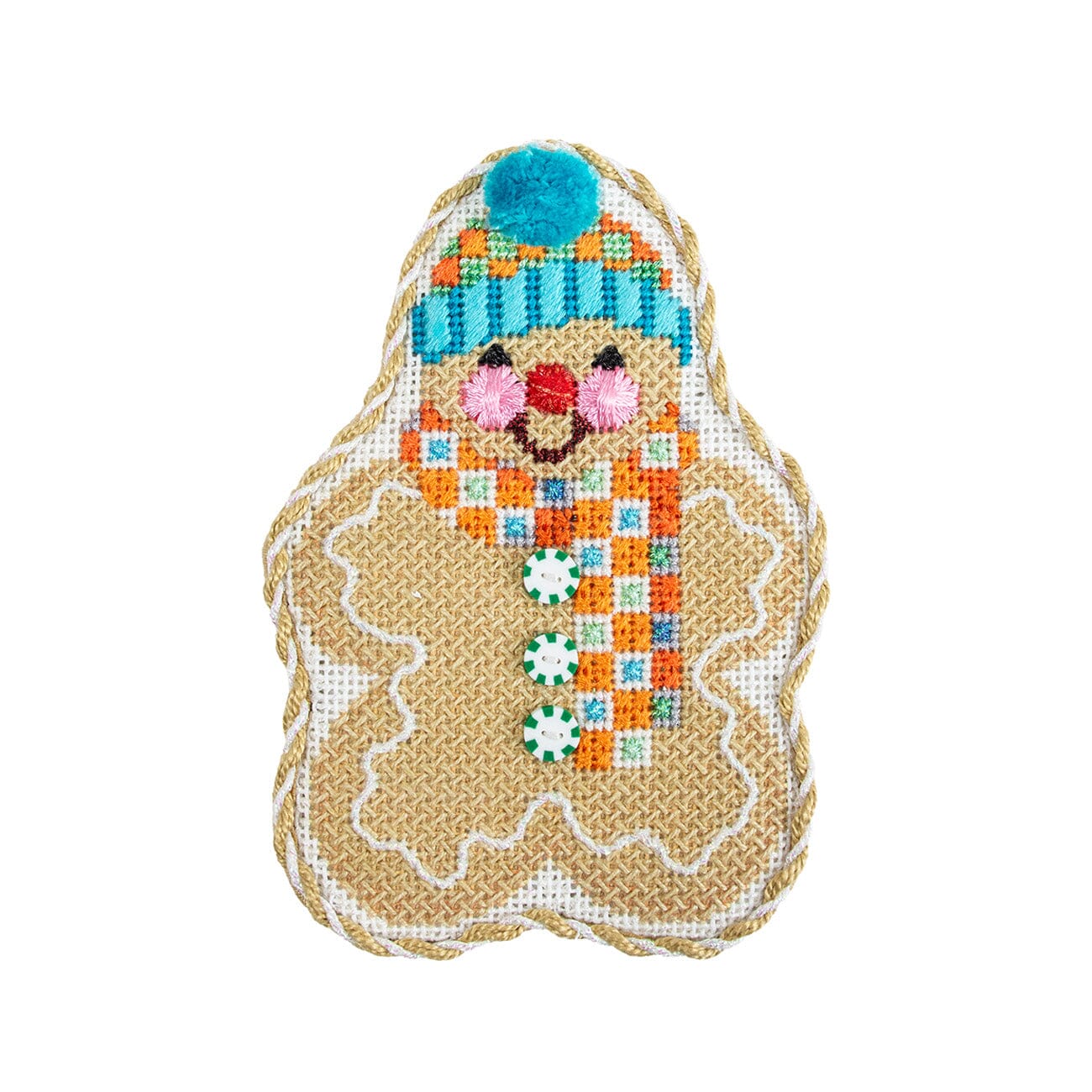 Gingerbread Friends   Orange & Aqua Check Scarf Printed Canvas Two Sisters Needlepoint  - 2