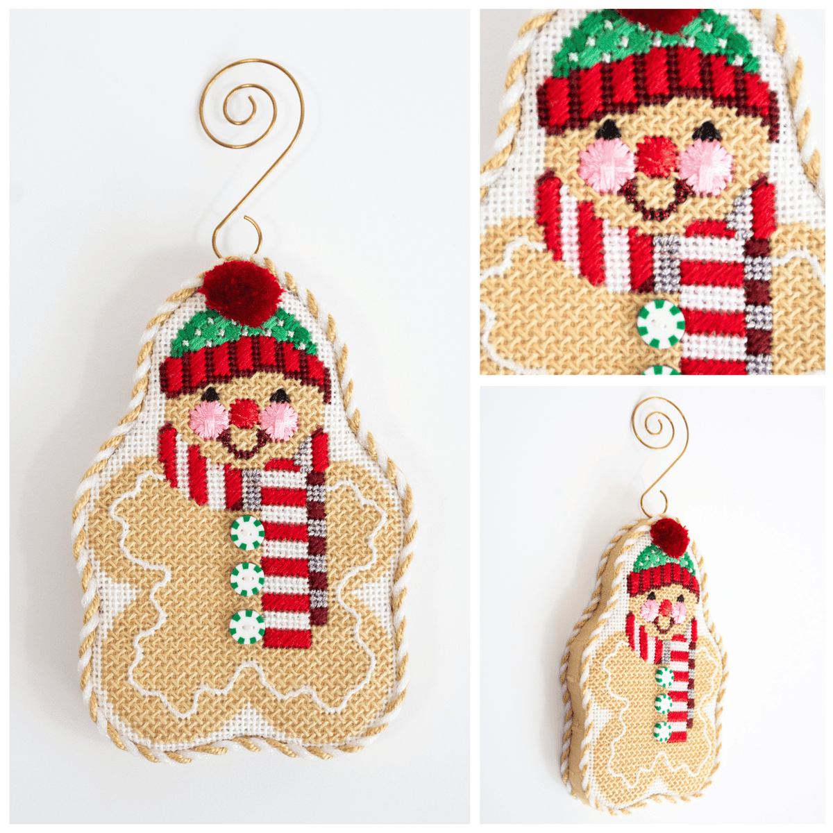 Gingerbread Friends   Red Striped Scarf Printed Canvas Two Sisters Needlepoint  - 3