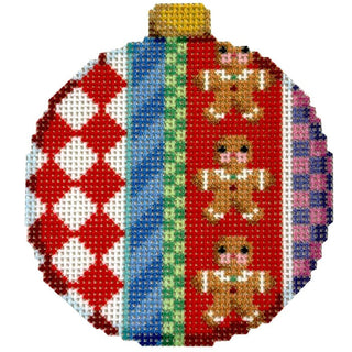 Gingerbread Jolly Stripe Ball Ornament Printed Canvas Two Sisters Needlepoint 
