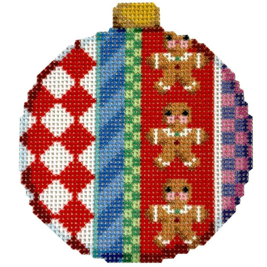 Gingerbread Jolly Stripe Ball Ornament Printed Canvas Two Sisters Needlepoint 