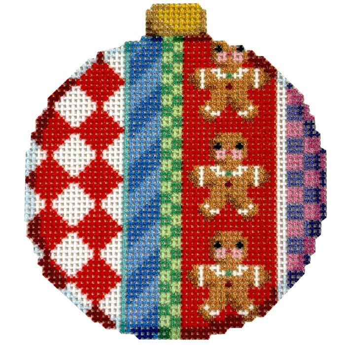 Gingerbread Jolly Stripe Ball Ornament Printed Canvas Two Sisters Needlepoint 
