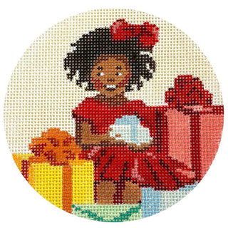 Girl with Presents   Heritage Ornament Painted Canvas Spellbound Stitchery 

