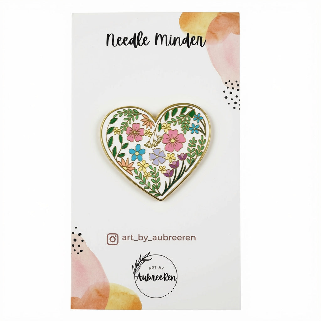 Gold Floral Heart Enamel Needleminder - 1