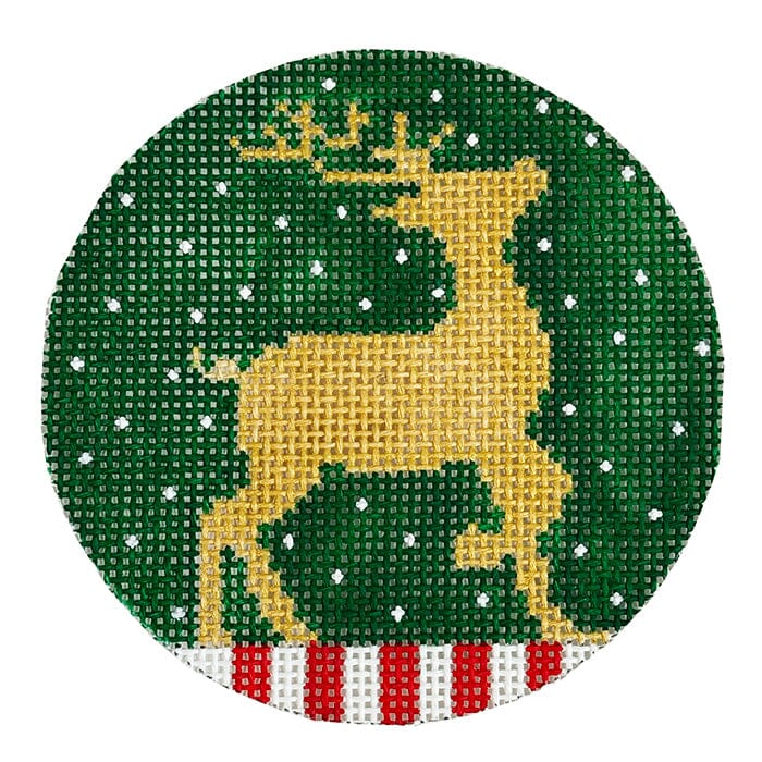 Gold Reindeer on Green Painted Canvas Vallerie Needlepoint Gallery  - 1