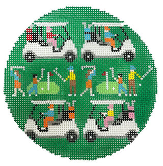 Golfers & Golf Carts Round Painted Canvas Doolittle Stitchery 
