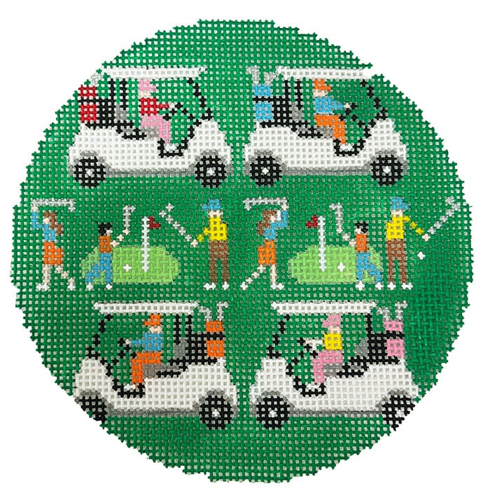 Golfers & Golf Carts Round Painted Canvas Doolittle Stitchery 

