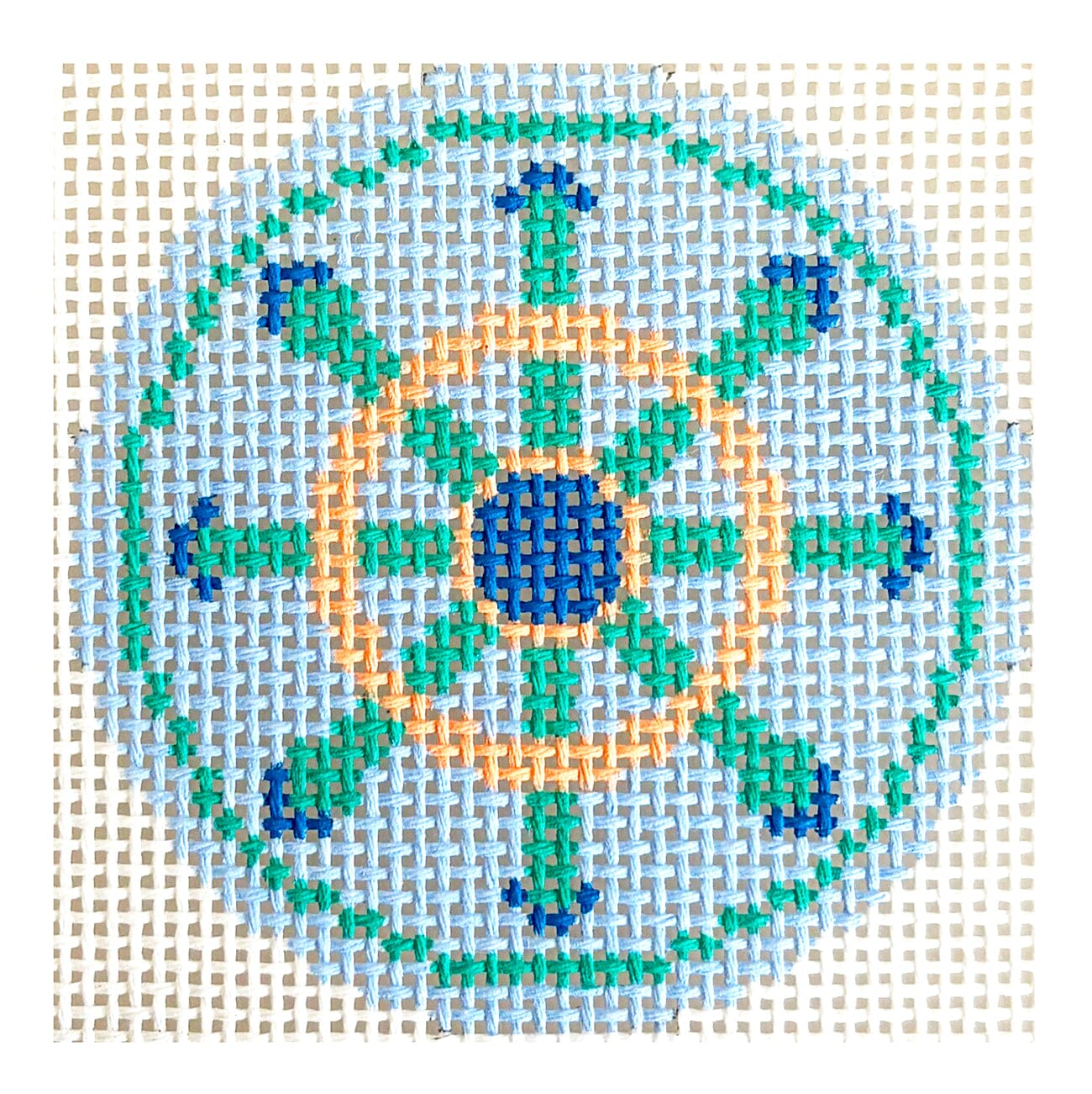 Green and Peach Wheel on Blue Round Painted Canvas KCN Designers  - 1