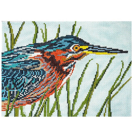 Green Backed Heron on 18 Painted Canvas Needle Crossings 