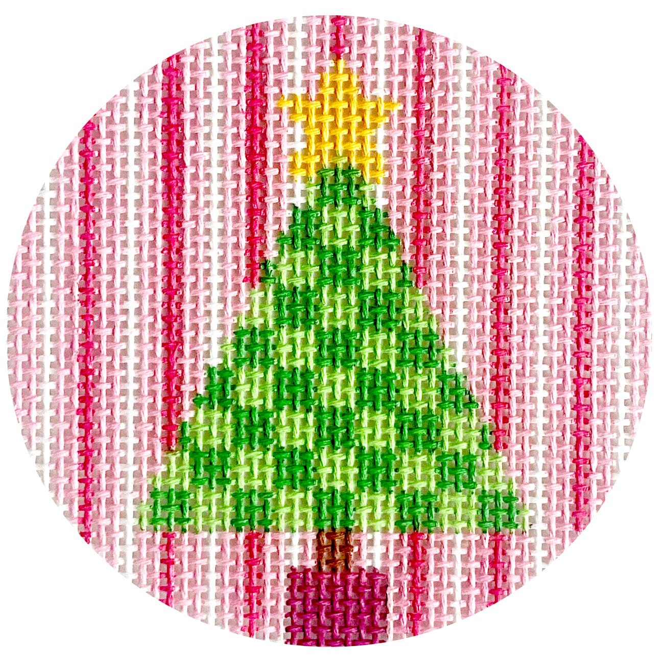 Green Check Tree on Stripes Round Painted Canvas Stitch Its  - 1