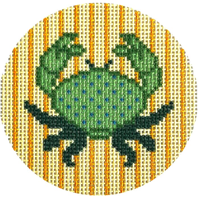 Green Crab 3" Round Printed Canvas Two Sisters Needlepoint 
