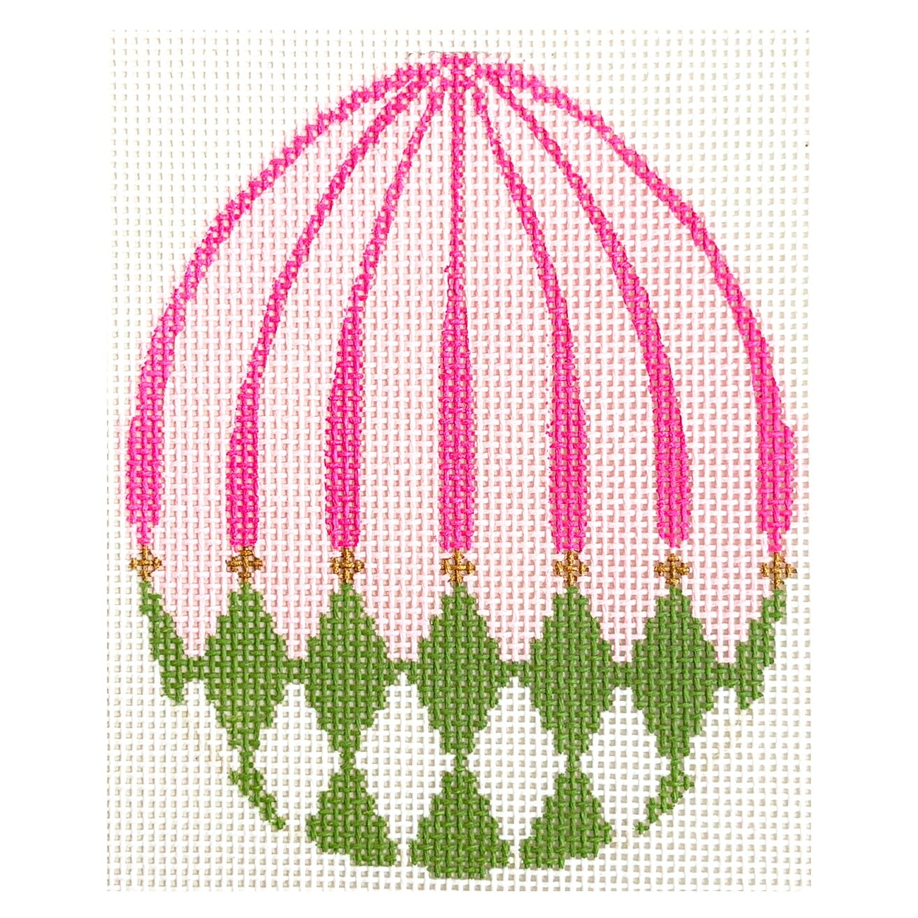 Green Harlequin Egg with Pink Stripes Painted Canvas The Colonial Needle Company  - 1