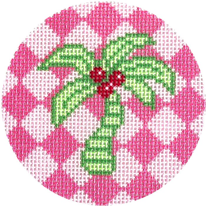 Green Palm on Pink 3" Round Printed Canvas Two Sisters Needlepoint 
