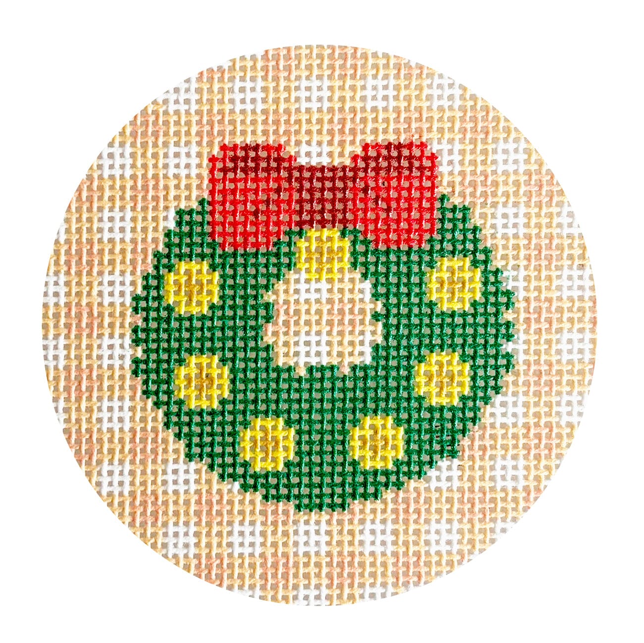 Green Wreath with Red Bow Gingham Round Painted Canvas Ziggy Stitches  - 1