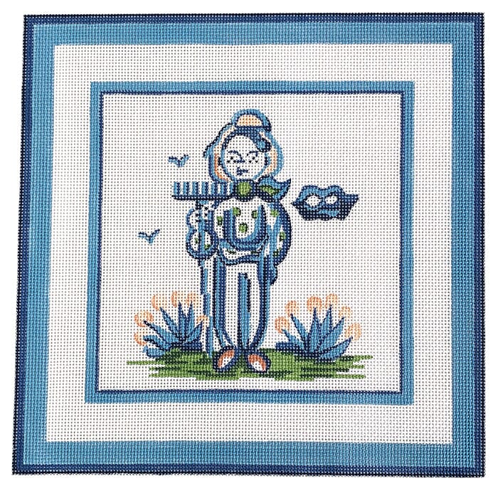 Hadley Pottery Blue Farmer Painted Canvas Silver Needle 
