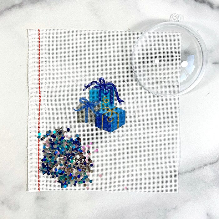 Hanukkah Gifts Ornament with Clear Dome & Confetti Painted Canvas Kate Dickerson Needlepoint Collections 
