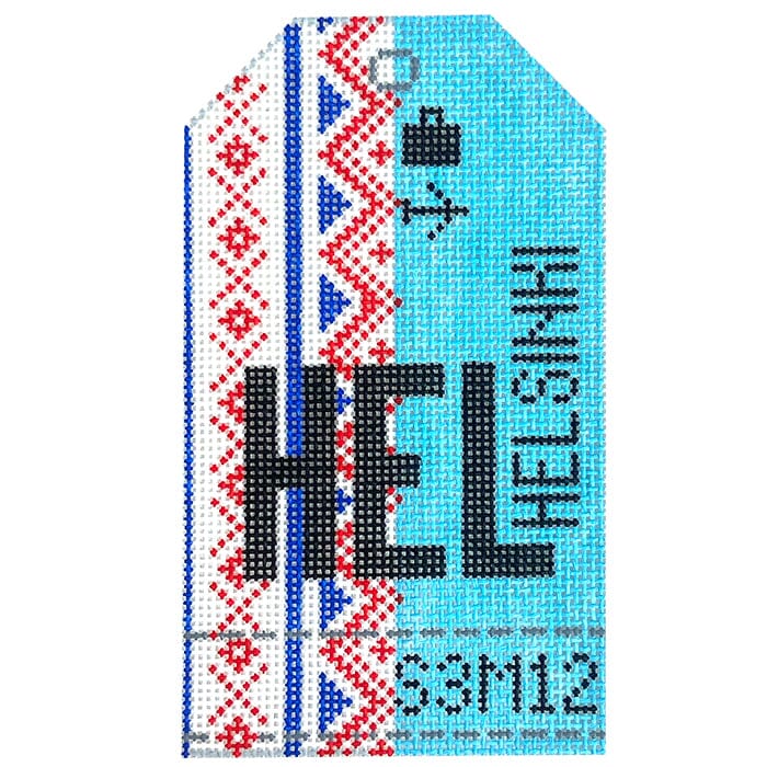 Helsinki HEL Retro Travel Tag Painted Canvas Hedgehog Needlepoint 
