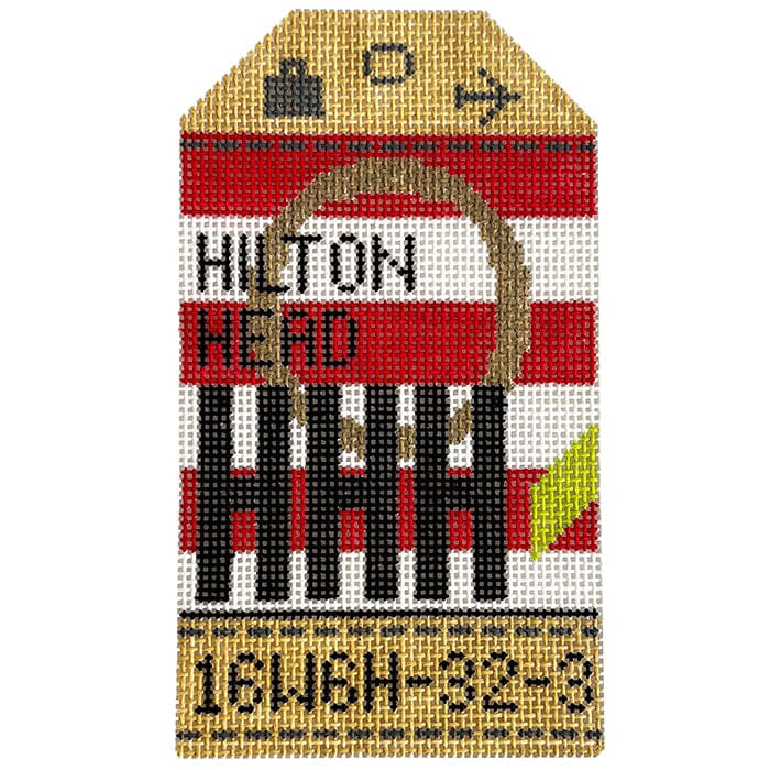 Hilton Head HHH Retro Travel Tag Painted Canvas Hedgehog Needlepoint 
