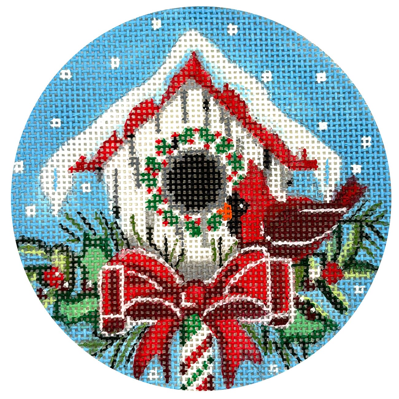 Holiday Birdhouse with Cardinal Round Painted Canvas Pepperberry Designs 
