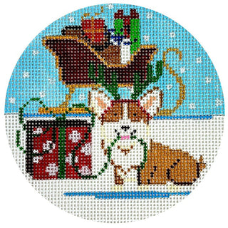 Holiday Pooch   Corgi Round Painted Canvas The Meredith Collection 

