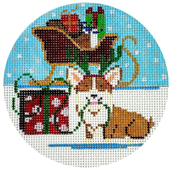 Holiday Pooch   Corgi Round Painted Canvas The Meredith Collection  - 1