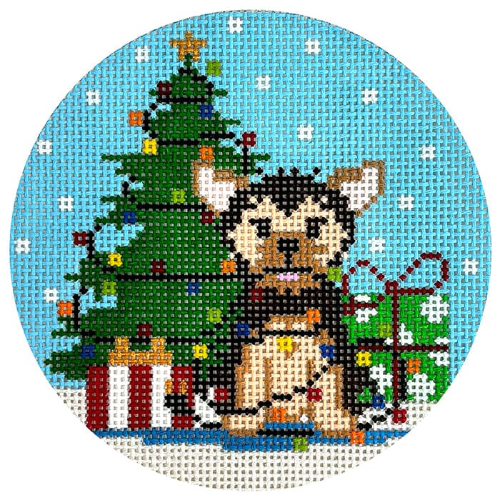 Holiday Pooch   Yorkie Round Painted Canvas The Meredith Collection  - 1