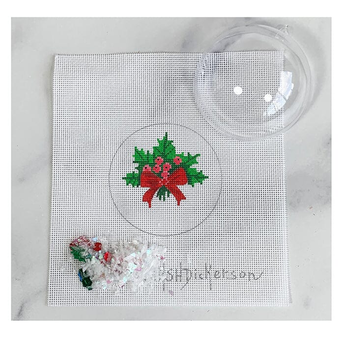Holly w/Berries Ornament with Clear Dome & Confetti Painted Canvas Kate Dickerson Needlepoint Collections  - 1