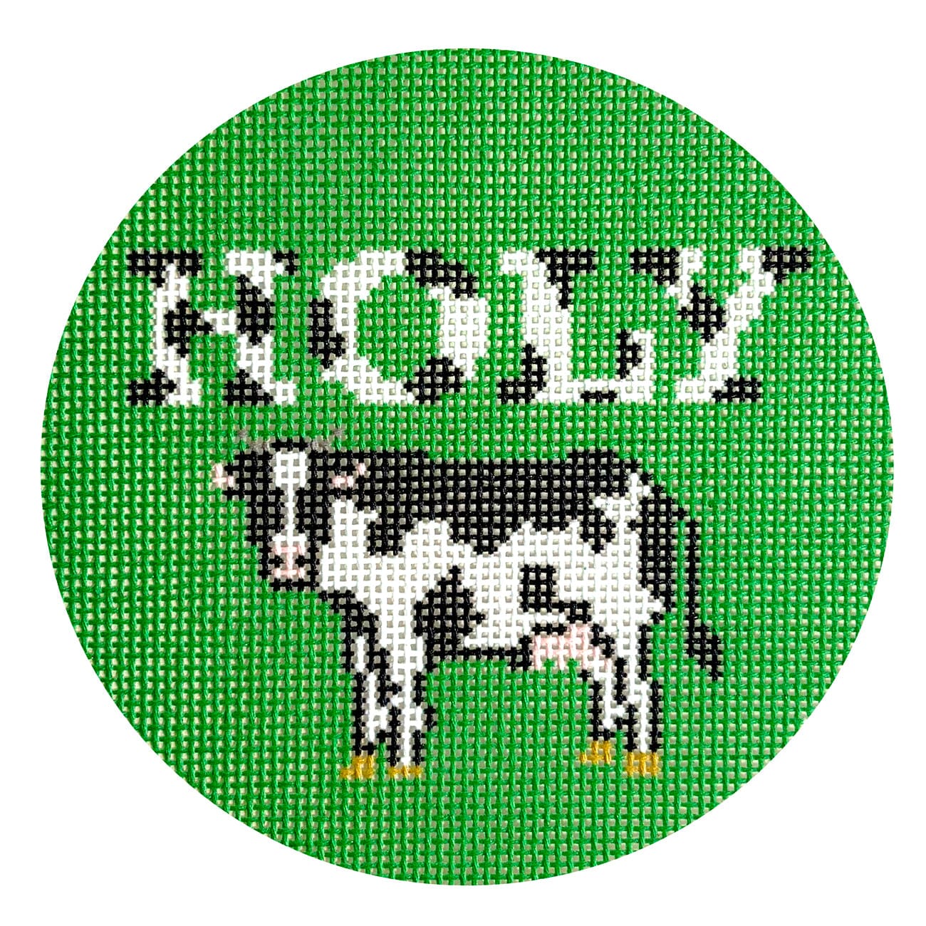 Holy Cow Green Round Painted Canvas Ziggy Stitches  - 1