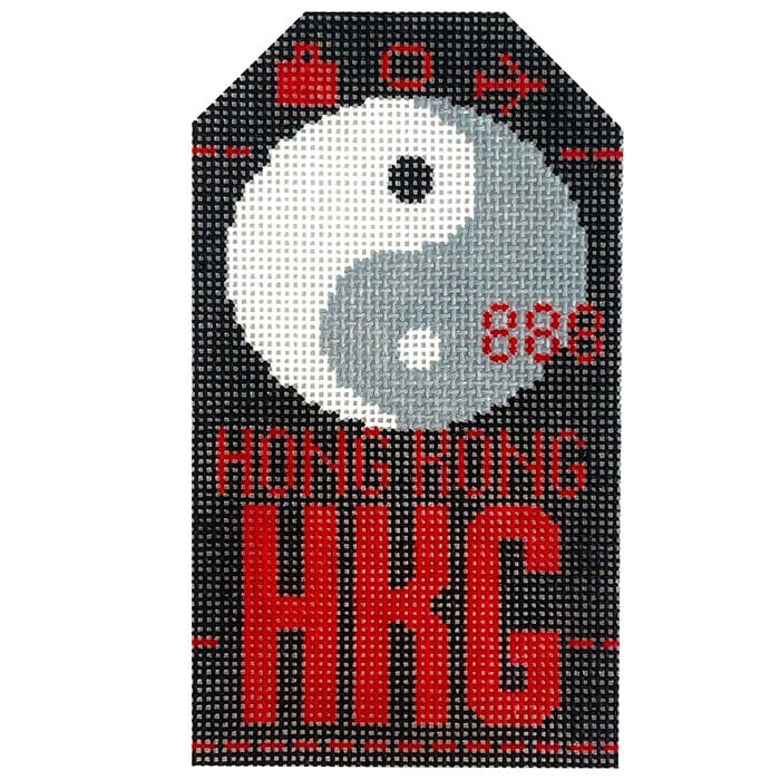 Hong Kong HKG Retro Travel Tag Painted Canvas Hedgehog Needlepoint 
