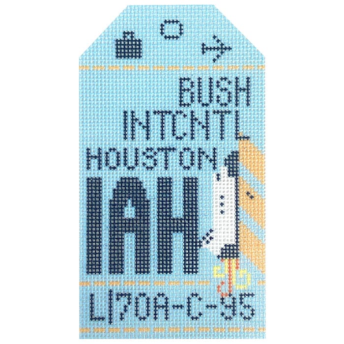 Houston IAH Retro Travel Tag Painted Canvas Hedgehog Needlepoint 
