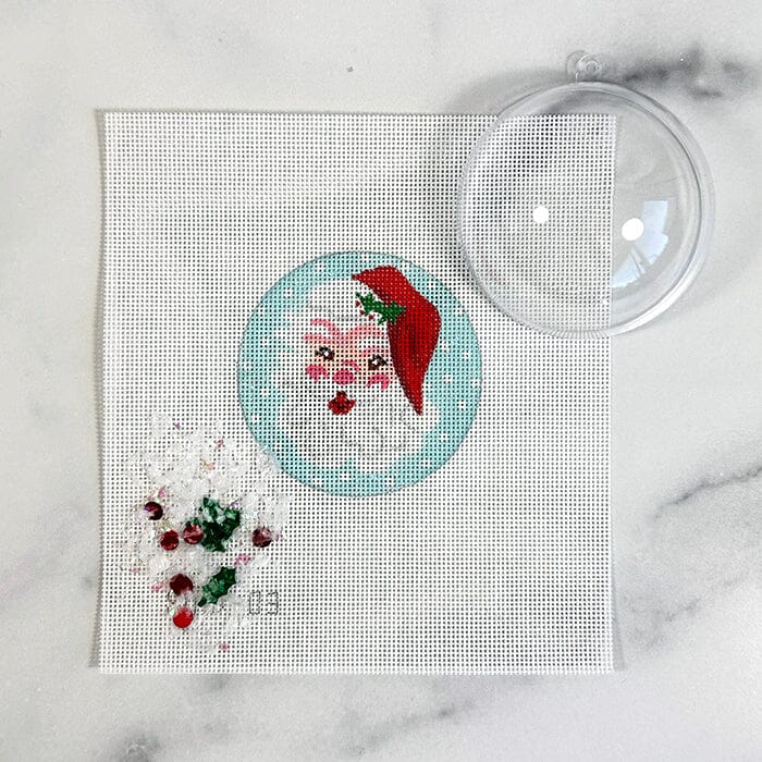 Jolly Santa Face Ornament with Clear Dome & Confetti Painted Canvas Kate Dickerson Needlepoint Collections 