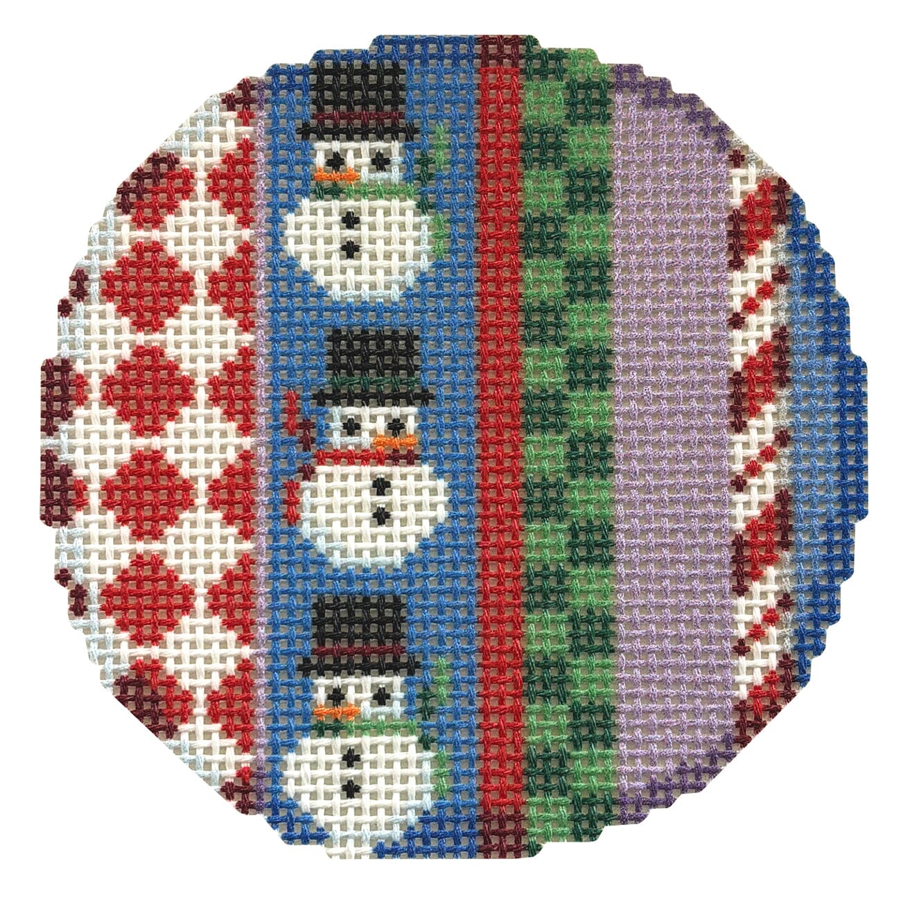 Jolly Stripe Snowman Round Printed Canvas Two Sisters Needlepoint 
