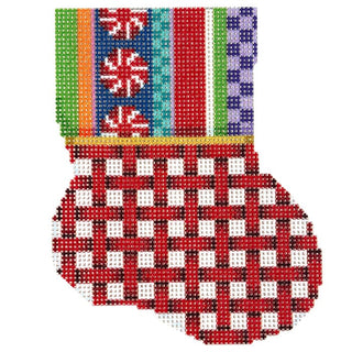 Jolly Stripe/Red Lattice Mini Sock Printed Canvas Two Sisters Needlepoint 
