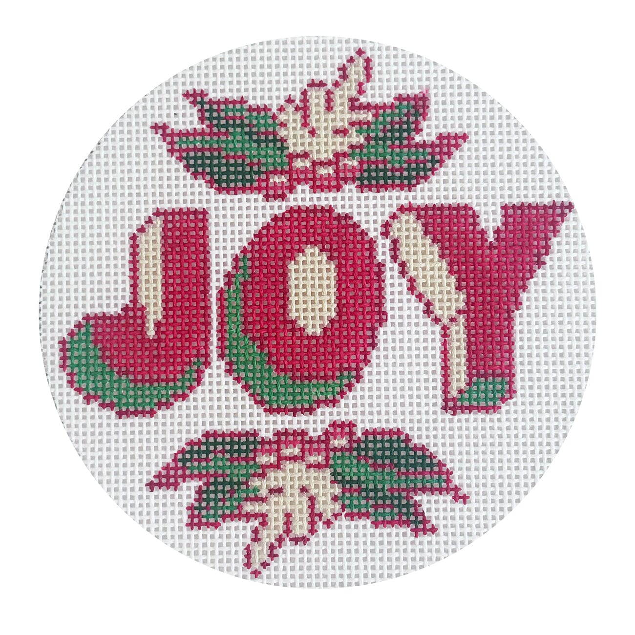 Joy Red & Green Round Painted Canvas Walker's Needlepoint  - 1