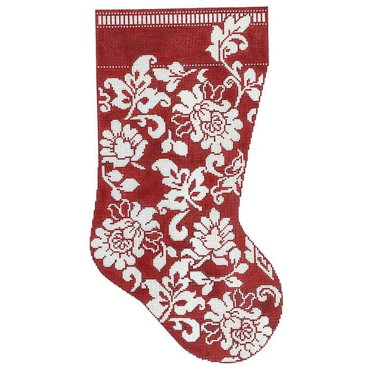 Karen's Damask Stocking - Red & Ivory on 13 Painted Canvas Whimsy & Grace 