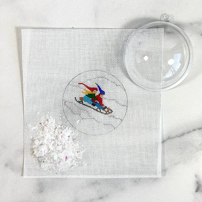 Kids Sledding Ornament with Clear Dome & Confetti Painted Canvas Kate Dickerson Needlepoint Collections  - 1