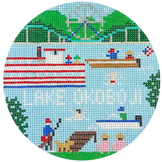 Lake Okoboji Round Painted Canvas Doolittle Stitchery  - 1