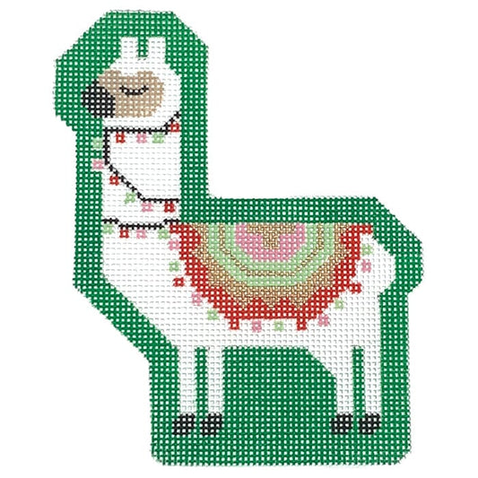 Larry the Llama on Christmas Green Painted Canvas Stitch Rock Designs 