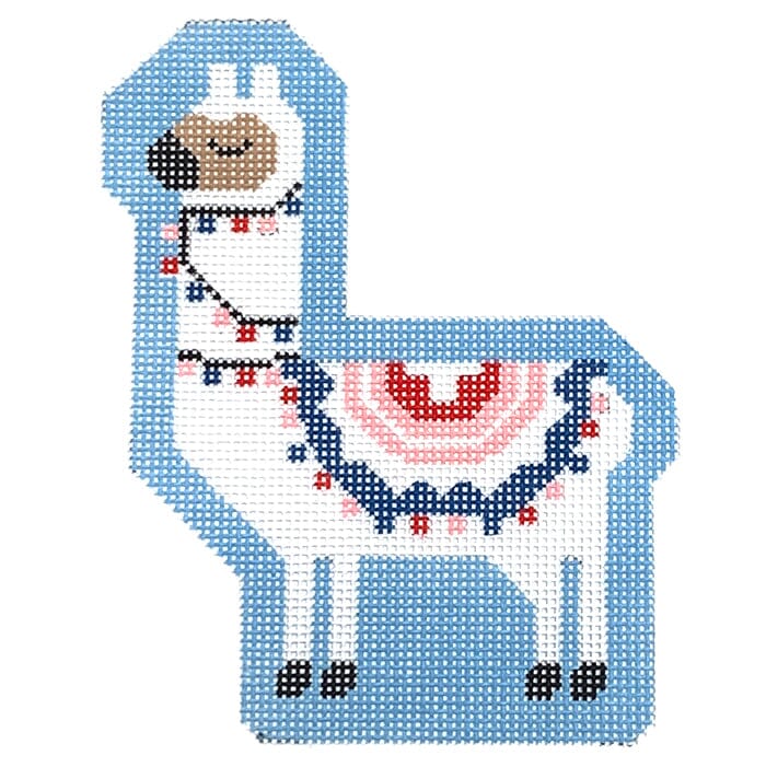 Larry the Llama on Light Blue Painted Canvas Stitch Rock Designs 