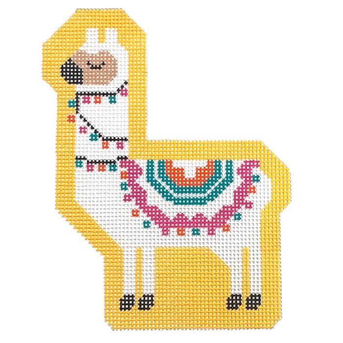 Larry the Llama on Yellow Painted Canvas Stitch Rock Designs 