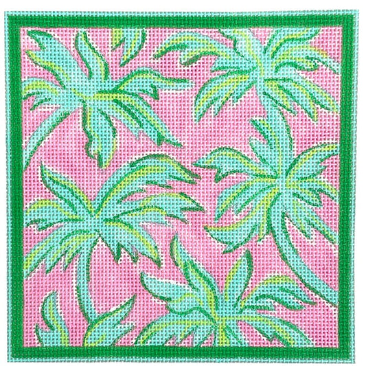 Lilly Letter 5x5 - Palms, Turquoise w/Lime & Pink Painted Canvas Kate Dickerson Needlepoint Collections 