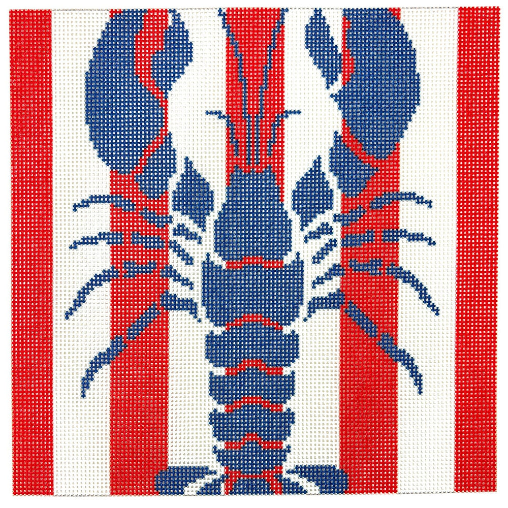 Lobster Stencil on Red Stripes Printed Canvas Two Sisters Needlepoint 