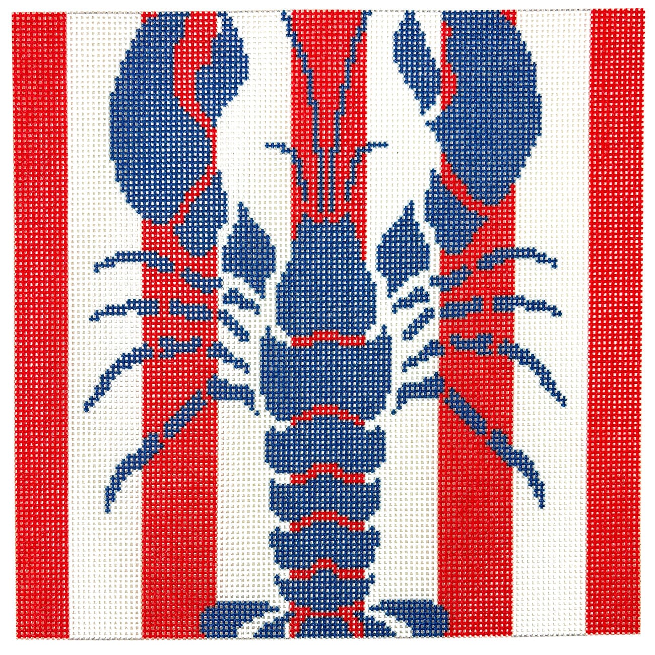 Lobster Stencil on Red Stripes Printed Canvas Two Sisters Needlepoint 
