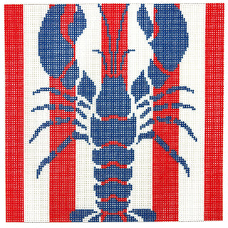 Lobster Stencil on Red Stripes Printed Canvas Two Sisters Needlepoint 

